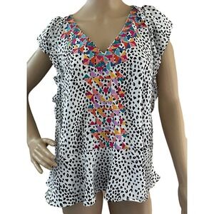 Impressions Women's Leopard Geo Print Blouse Ruffled hem Short Pleated Sleeves M